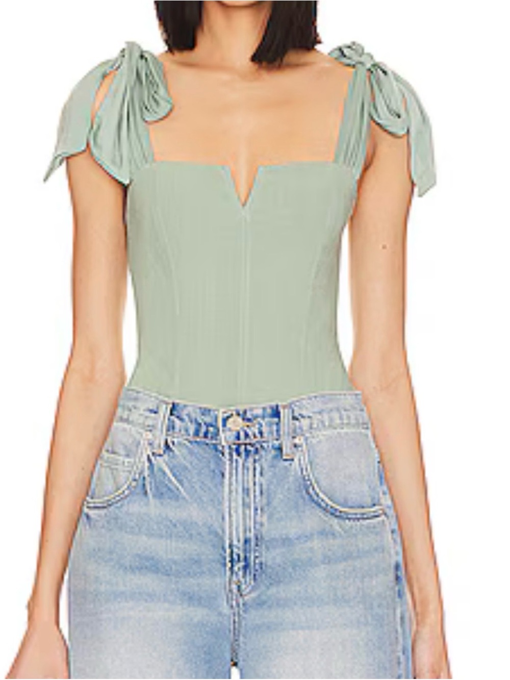 Free People Lola Bodysuit Shoulder Tie Sea Mist Green Corset Bustier NWT Size S - Picture 14 of 16